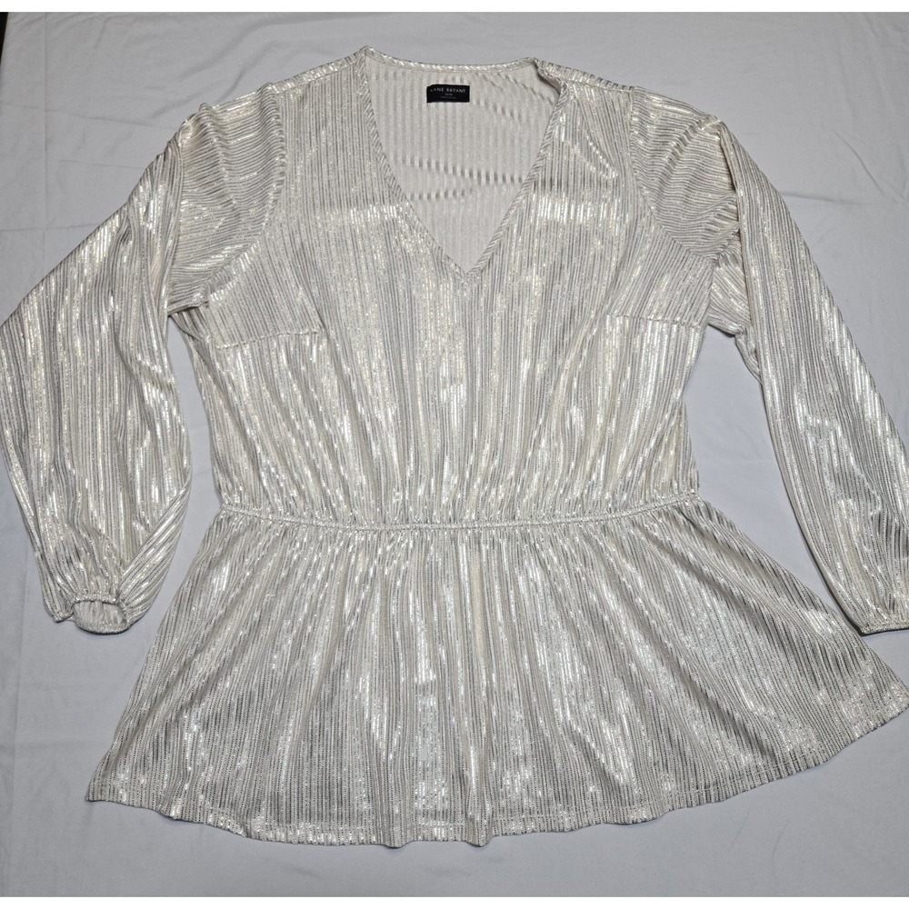 Lane Bryant Metallic‎ Plissé Surplice Peplum Blouse 26/28 Champagne Gold Lightwt